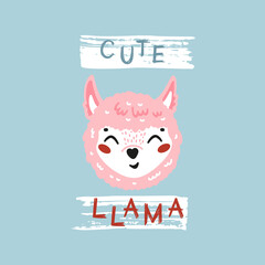 Cute Llama Face. Funny Pink Alpaca Head for Tee Print Design for Kids. Vector Cartoon Little Baby Animal. Scandinavian Card, Print or Poster Design
