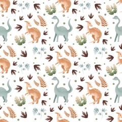 seamless pattern with dinosaurs on a white background, illustration with dino and leaves for fabric, textile. background for children 