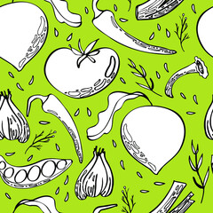 vector seamless vegan vegetable pattern with seeds and herbs