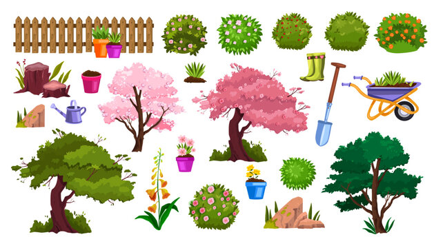 Spring garden nature vector cartoon icon set with flower pot, blossom trees, fence, flowers, bushes. Summer backyard green gardening collection, shovel, equipment. Spring garden environment objects