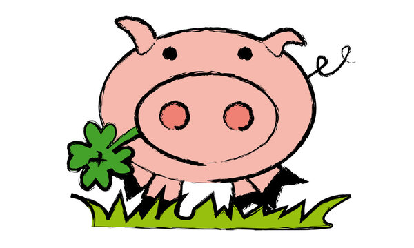Schwein mit Glücksklee im Maul auf Gras Tier Illustration