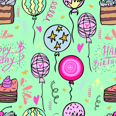 vector seamless pattern happy birthday cake pieces and air balloons