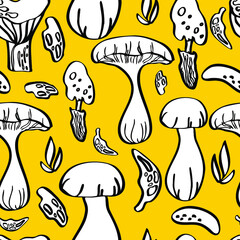 vector seamless pattern many different mushrooms on background