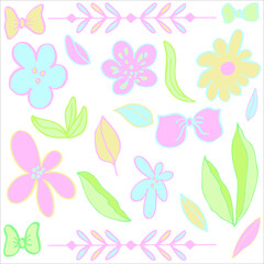 vector set of flowers and leaves with bows of pastel colors isolated