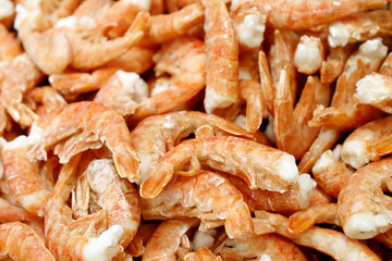 Iced shrimps close up. Prawns on fish market, background for fishing industry
