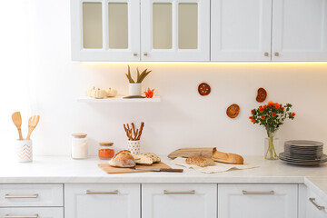 Modern kitchen interior with products on counter