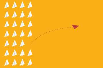 Think differently concept. Red airplane changing direction. Vector illustration