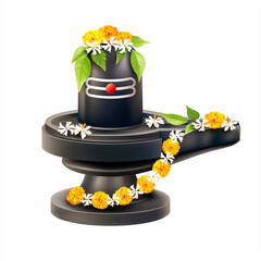 Lord Shiva Lingam decorated with bilva (bael) leaves, parijat and zendu flowers. Vector illustration.