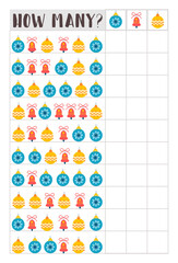 Counting children game of cartoon Christmas ornaments hanging. Kids learning collection. Count how many elements and write the result. Preschool worksheet activity.