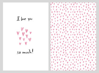Fototapeta premium Greeting cards set with I love you phrase and doodle pencil hearts fro Valentine Day. Pink heart-shaped isolated objects on white background, seamless pattern illustration.