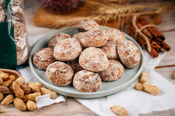 Pile of russian gingerbread cookies on the wooden decorated table