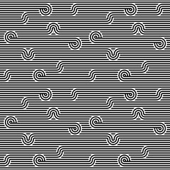 Seamless geometric striped pattern. Monochrome striped loopy ribbon, with maze elements. Geometric graphic texture. Endless striped monochrome background with winding elements. Vector