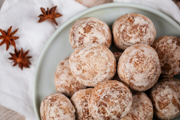 Pile of russian gingerbread cookies on the wooden decorated table