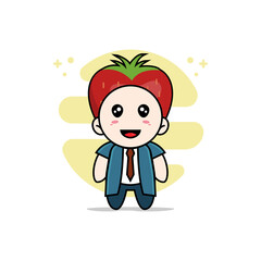 Cute businessman character wearing strawberry costume.