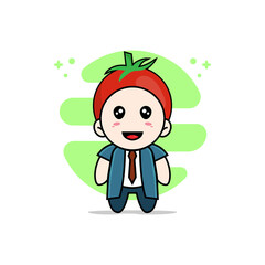 Cute businessman character wearing tomato costume.