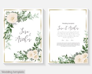 Fototapeta na wymiar Invitation card template. White roses, eucalyptus, green plants and flowers, beautiful openwork leaves.