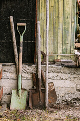 Old and rusty gardening shovels. How to store shovel.