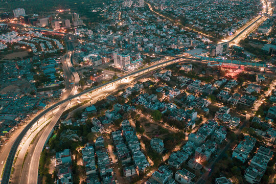 Aerial view of Gurugram financial district with tall building at dusk in Haryana state during lockdown. india.