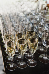 Glasses of champagne close-up at a buffet table.