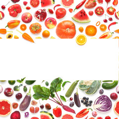 Banner from various vegetables and fruits isolated on white background, top view, creative flat...