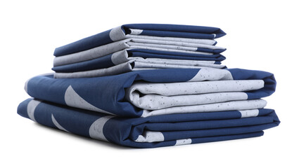 Stack of clean bed linens isolated on white. Child's room interior element