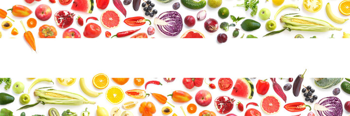 Frame from various vegetables and fruits isolated on white background, top view, creative flat layout. Concept of healthy eating, food background.