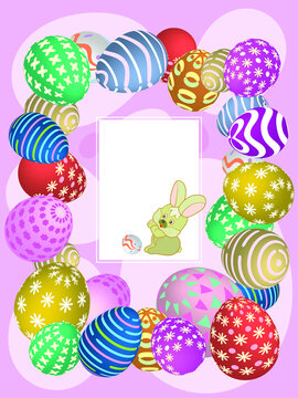 Graphic image of Easter eggs and a bunny on a light background. Vector image.