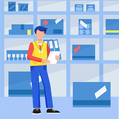Delivery point concept. Delivery service, receiving and confirming orders, order processing. Manager checks the goods in the warehouse store..