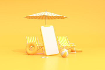 Beach chairs with umbrella and blank screen of smart phone, Summer concept, Minimal scene. 3D rendering. © nuchao