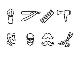 Barbershop icons set. Barber symbol silhouettes isolated on background. Vector illustration for Website page and mobile app design. 