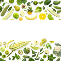 Frame from various vegetables and fruits isolated on white background, top view, creative flat layout. Concept of healthy eating, food background.
