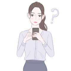 疑問を感じるスマホを操作する女性のイラスト
