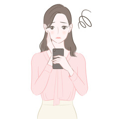 スマホを見て悩む女性のイラスト