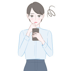 スマホを見て悩む女性のイラスト