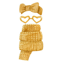 Mustard yellow winter accessories collection isolated on white background. Women knitted head band, scarf and glasses watercolor illustration.