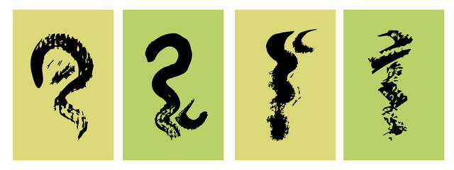 Collection of flat hand-drawn posters. Modern vector illustration. A line of black ink on a green background. All elements are isolated. Abstract shapes for postcards and banners.