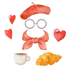 Red wear accessories collection and french food isolated on white background. Beret, silk scarf and glasses watercolor illustration.