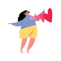 Happy cartoon character with a heart jumping out of his chest. A lovesick hand-drawn girl on an isolated white background. Color illustration for Valentine's Day. Graphic element for greeting cards.