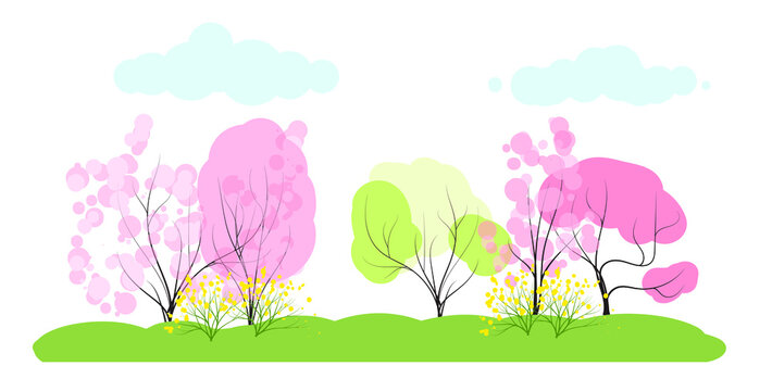 tender spring forest landscape. vector illustration in flat style on white background
