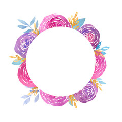 Fototapeta na wymiar Round watercolor floral arrangement with place for text. Bright pink and purple rose frame for wedding invitations and cards. 