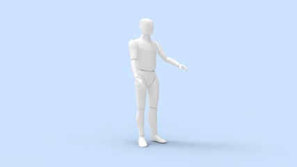 Human dummy robot AI model isolated in light blue studio background