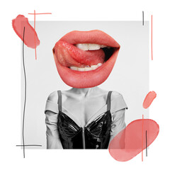 Playful mood. Female body with big mouth and tongue sticking out. Modern design, contemporary art collage. Inspiration, idea, trendy urban magazine style. Negative space to insert your text or ad.