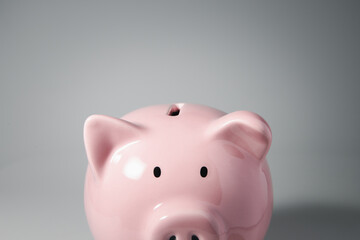 Close up haft body of Piggy bank and copyspace for Finance, saving money and debtless concept