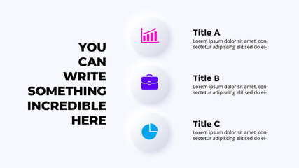 Neumorphic Vector Infographic. Presentation slide template. Neumorphism ui design. 3 options, steps, processes.