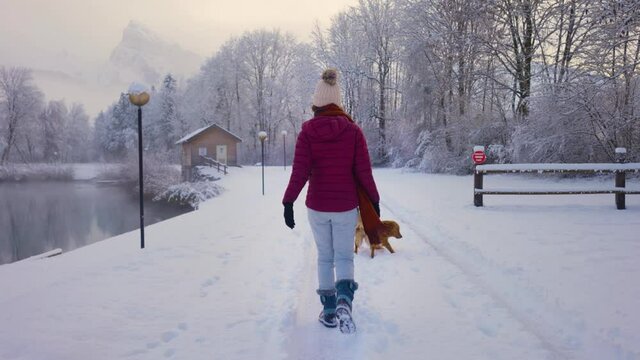 Back View Of A Young Girl In Winter Clothes Walking With Her Dog On Snowy Path Near A Lake In Cascade du Rouget, France - Medium Shot, Slow Motion
