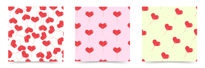 Fototapeta na wymiar Set of vector seamless patterns with candy in the shape of a heart.Lollipops on a stick on a multi-colored background.