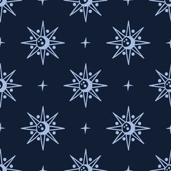 Obraz premium Celestial black and white sun and moon seamless pattern - hand drawn line space digital paper, cute kids starry night seamless background for textile, scrapbooking, wrapping paper