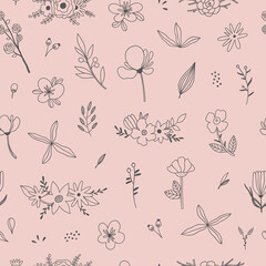Seamless floral pattern. Vector background with flowers and leaves on pink backdrop