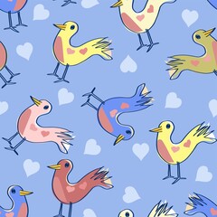 Funny Birds And Hearts Pattern On Blue