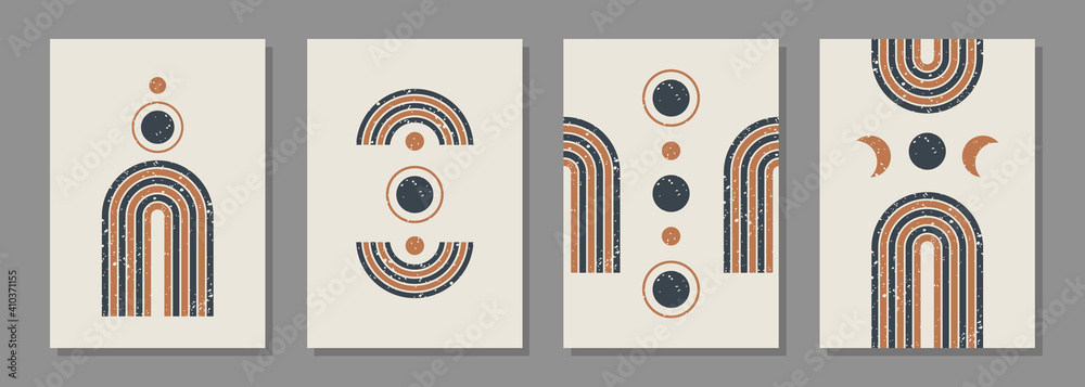 Poster  Modern abstract set aesthetic backgrounds with textured various geometric rainbow and circles. Wall decor in boho style. Mid century minimalist art print. Vector design